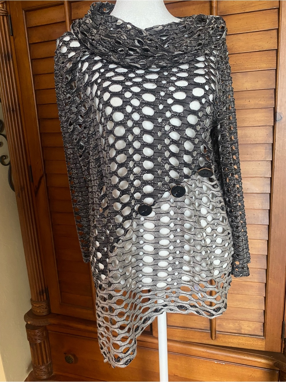 Metallic Gray Open-Knit Cowl-Neck Sweater Tunic